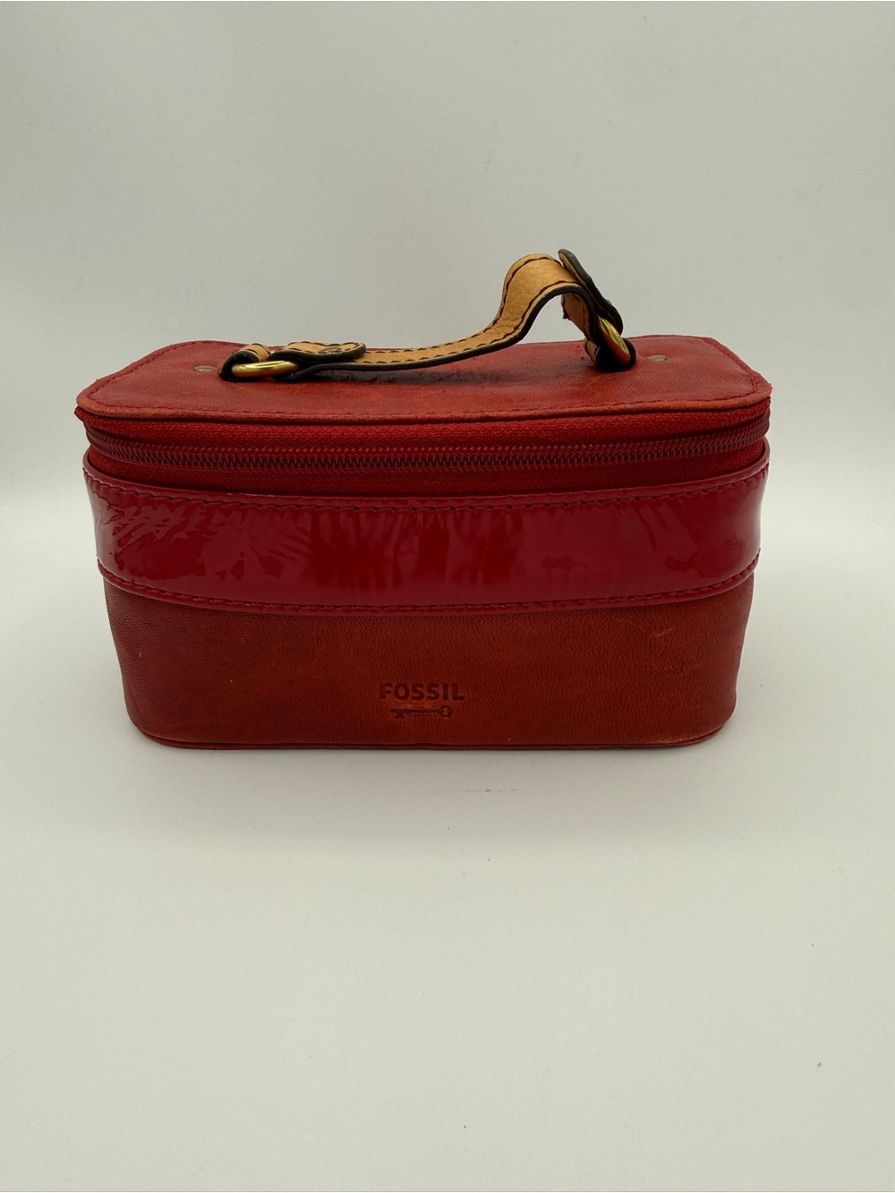 Fossil Red Leather Makeup Bag Small Vanity Case Small